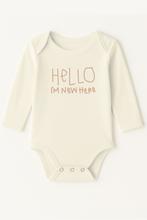 Load image into Gallery viewer, Hello I'm New Here Clay Organic Cotton Baby Bodysuit Long Sleeve: 0-3M
